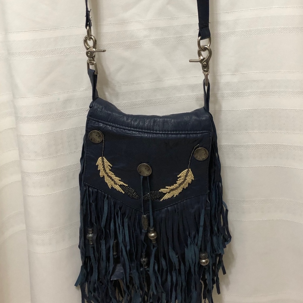 Leather Feather Beaded Fringed Ladies Pouch